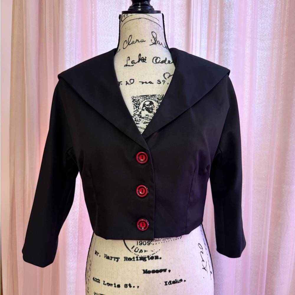 Bettie Page by Tatyana Retro Black Cropped Jacket with Red Buttons